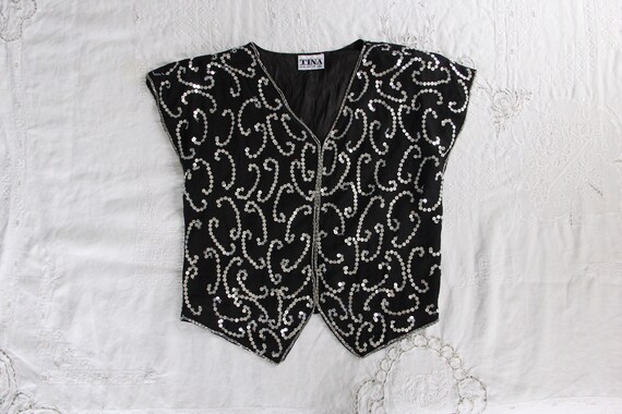 80s Vtg Black Silver Sequin Top Boxy Crop Small 1… - image 2