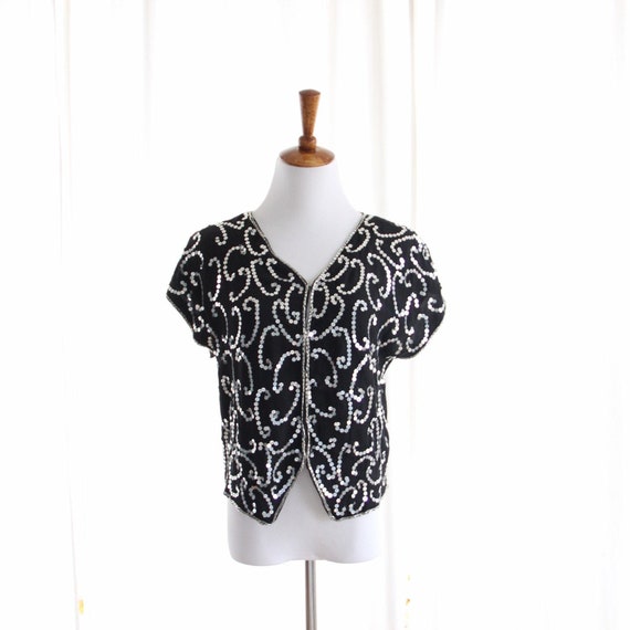 80s Vtg Black Silver Sequin Top Boxy Crop Small 1… - image 1