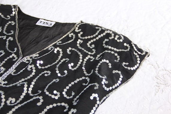 80s Vtg Black Silver Sequin Top Boxy Crop Small 1… - image 3