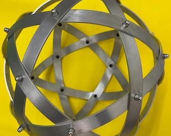 Genesa Pentasphere in Polished Natural Aluminium, 21 cm diameter with 15 mm wide bands, fixed with grey blind nuts