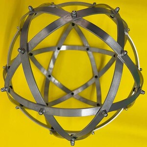 Genesa Pentasphere in Brushed Natural Aluminium 21 cm diameter with 10 mm wide bands, fixed with grey blind nuts