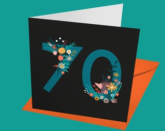 Midnight Garden 70th birthday card | Floral birthday card | Hedgehog card | Pretty birthday card | 70 card