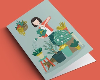 Girl watering plants card | Cat lovers card | Garden lovers card | Cute birthday card | Blank inside