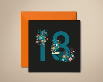 Midnight Garden 18th birthday card | Floral birthday card | Badger card | Pretty birthday card | 18 card