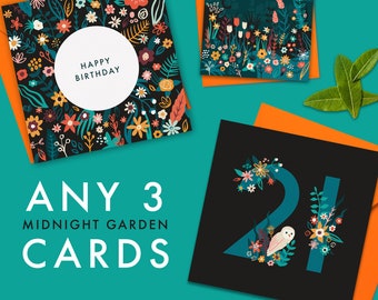 Any 3 Midnight Garden Greetings cards | Any Occasion | Cat lover card | Nature card | Floral Pattern card