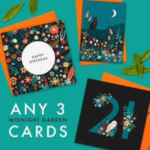 Toutes les 3 cartes de vœux Midnight Garden | Toute occasion | Carte d’amoureux des chats | Carte nature | Carte à motif floral