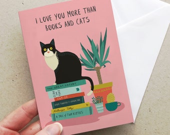 Biglietto Ti amo più di libri e gatti / Biglietto amante dei gatti / Biglietto d'auguri A6 / San Valentino / Anniversario / Galentines / Interno vuoto