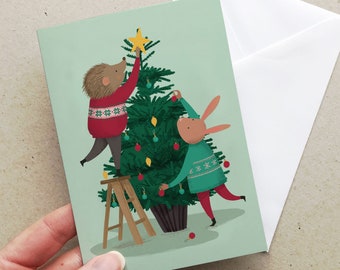 Christmas Tree Card | Decorating the tree | Hedgehog and rabbit animal | Cute Christmas Card | Card for grandchildren | Cute animal card