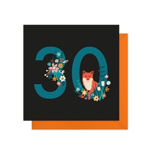 Midnight Garden 30th birthday card Floral birthday card Fox birthday card image 1