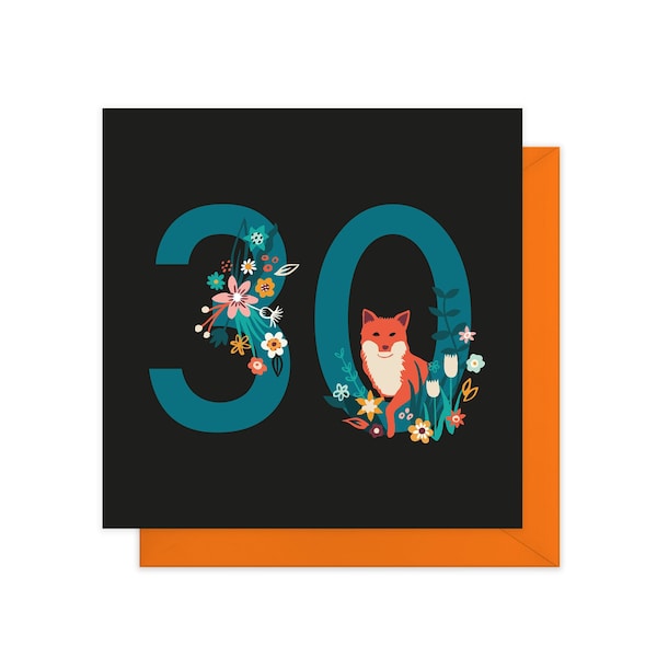 Midnight Garden 30th birthday card | Floral birthday card | Fox birthday card