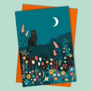 Midnight Garden Black cat birthday card | Any Occasion | Cat lover card