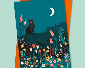 Midnight Garden Black cat birthday card | Any Occasion | Cat lover card