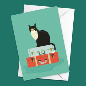 Cat on a suitcase Leaving card | Cat lover card | A6 greetings card | Blank Inside