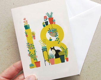 18th Birthday card with plants and cats |  Pot Plants card | Cat lover card