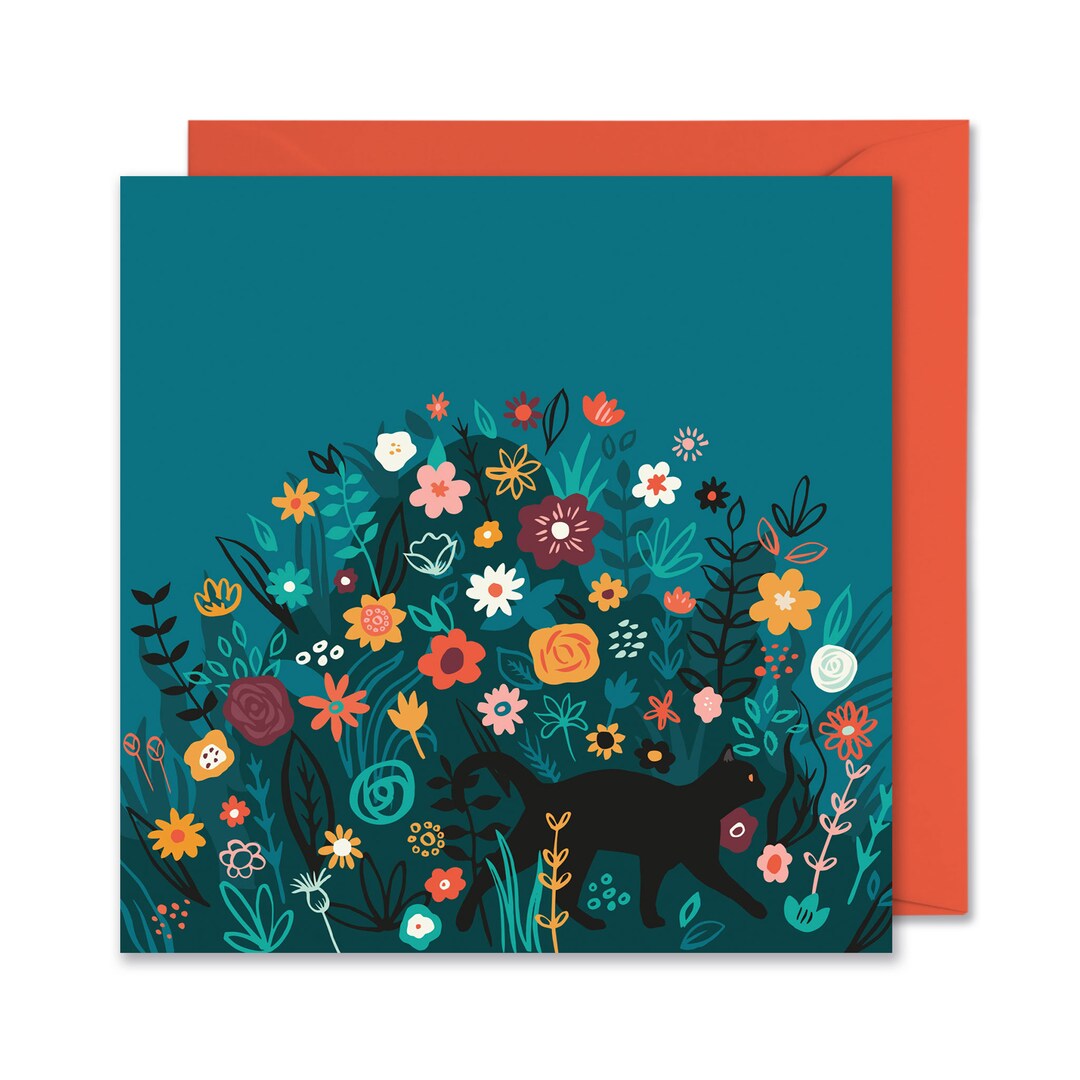 Midnight Garden - Floral Card - Black Cat Birthday Card - Blank Card ...