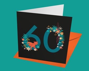 Midnight Garden 60th birthday card | Floral birthday card | Cat card | Pretty birthday card | 60 card