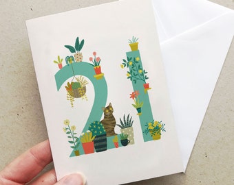 21st Birthday card with plants and cats |  Pot Plants card | Cat lover card