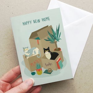 Cats in boxes Happy New Home card | Cat lover card | A6 greetings card | Blank Inside
