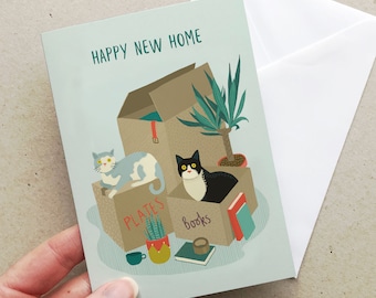 Cats in boxes Happy New Home card | Cat lover card | A6 greetings card | Blank Inside