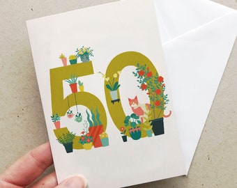 Biglietto di 50 ° compleanno con piante e gatti / Carta delle piante in vaso / Carta dell'amante dei gatti