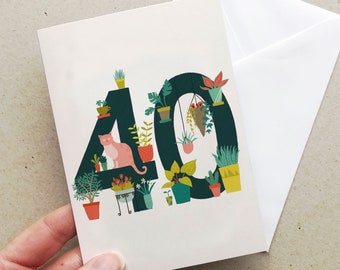 40th Birthday card with plants and cats |  Pot Plants card | Cat lover card