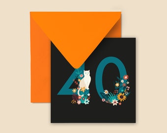 Midnight Garden 40th birthday card | Floral birthday card | Cat birthday card