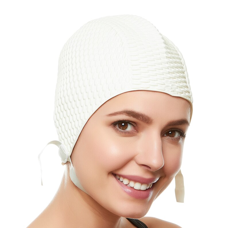 Beemo Swim Bathing Caps for Women or Girls Retro Style Latex Bubble Crepe Swimming Hat With Chin