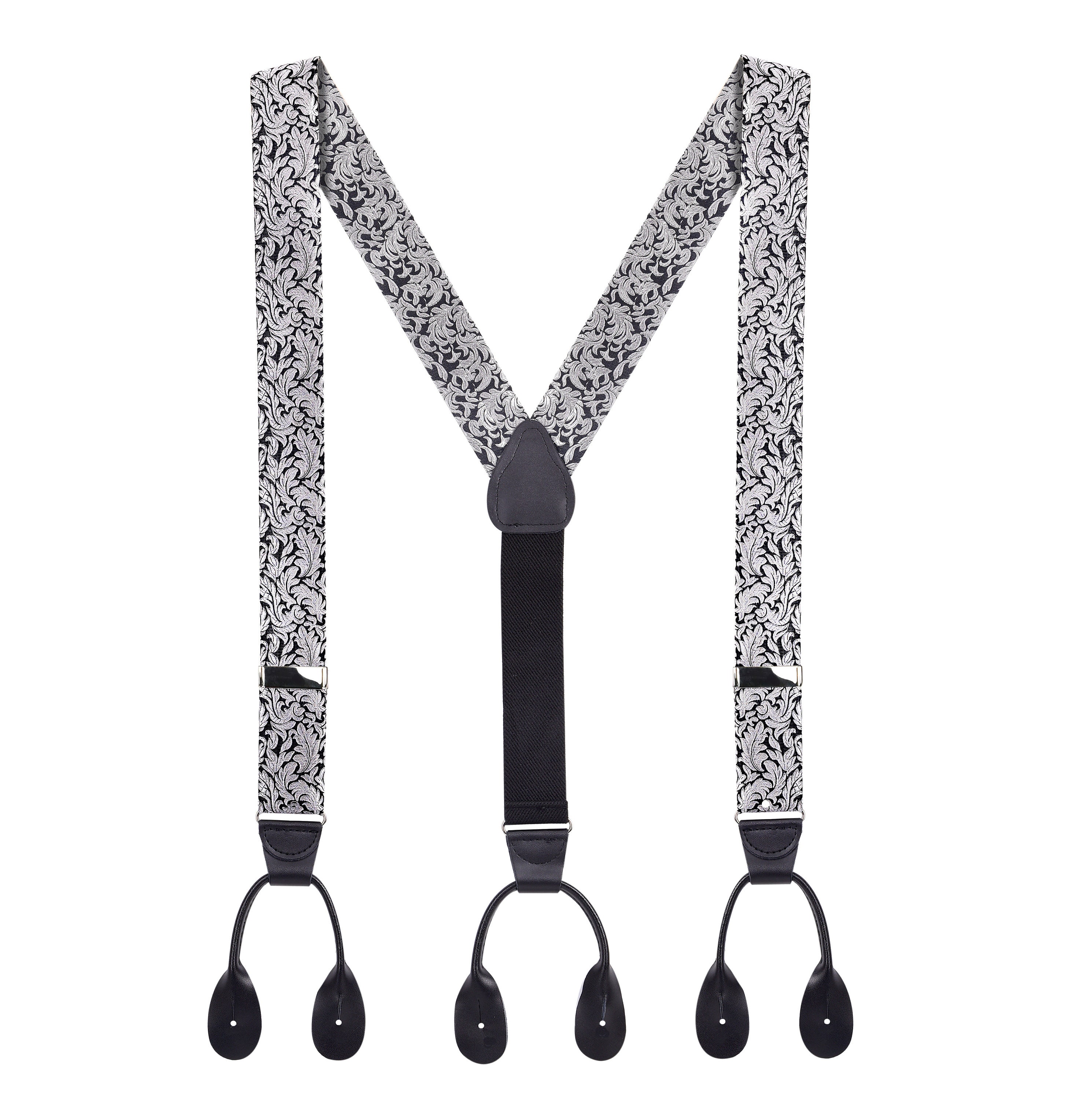 Mens Silver Grey Suspenders Y Shape Back Button & Clip Convertible