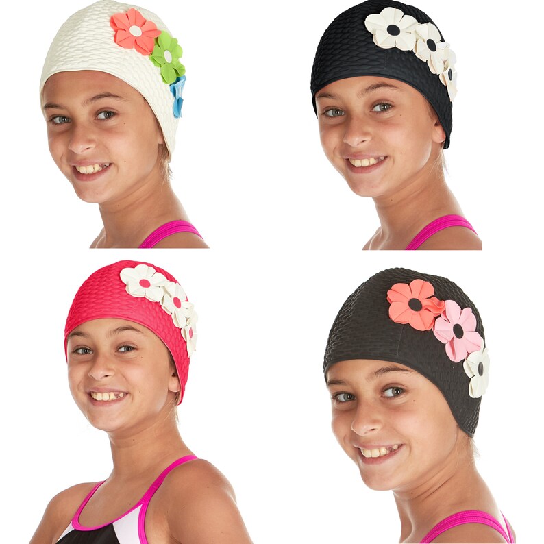 Beemo Kids Girls Swim Bathing Caps Age 7 14 Latex 3 Flowers Etsy