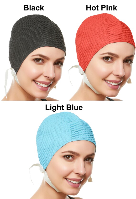 Beemo Swim Bathing Caps for Women or Girls Retro Style Latex Bubble Crepe Swimming Hat with Chin Strap for Long or Short Hair