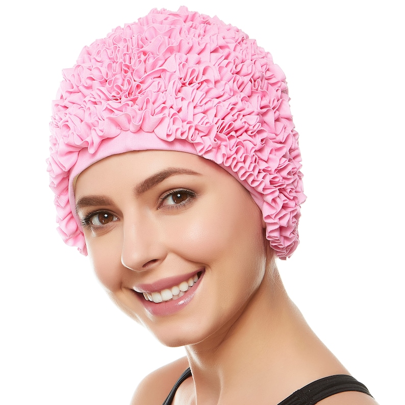 BEEMO Womens Swim Bathing Cap Turbanpolyester Latex Lined Ruffled