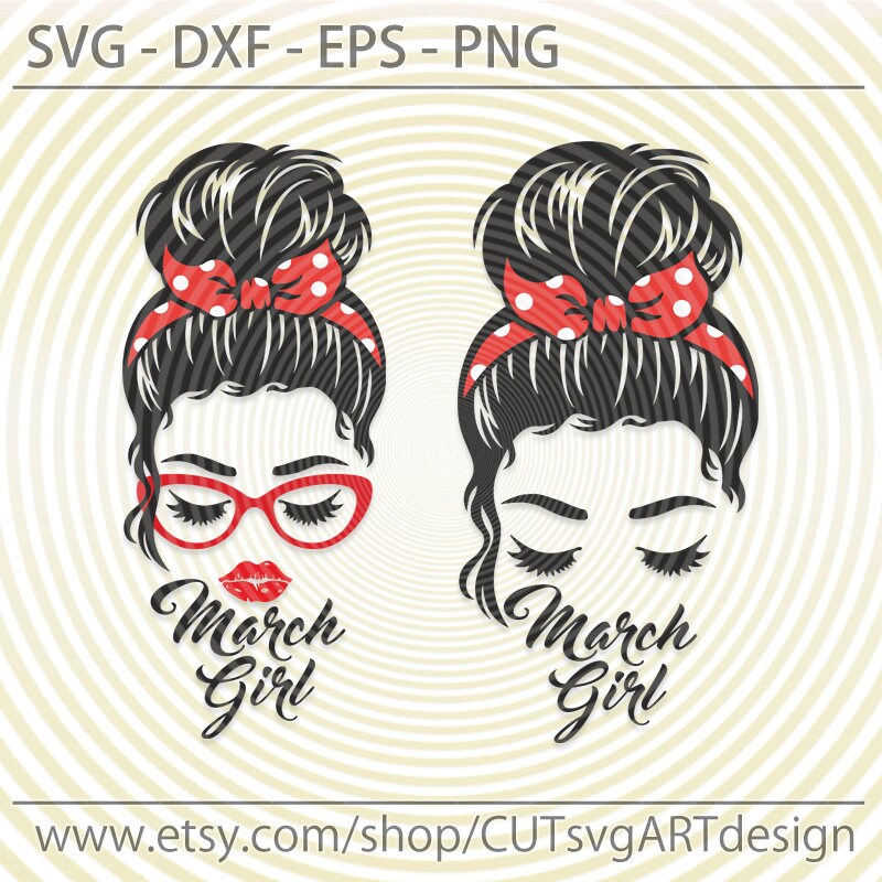 Download Messy Bun Bandana Svg March Girl Face With Lashes And Glasses Etsy