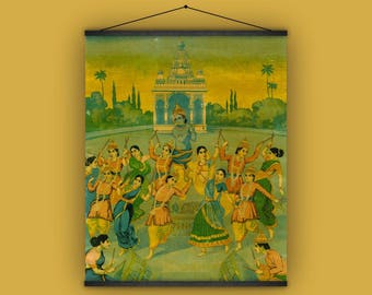 Puede incluir: Una ilustración vintage que representa a un grupo de personas bailando en círculo alrededor de una figura de Krishna, una deidad hindú. La escena se desarrolla en un jardín con un templo en el fondo. Las personas visten ropas coloridas y sostienen palos en sus manos. La ilustración está pintada en un estilo vibrante con una mezcla de colores amarillos, verdes, azules y rojos.