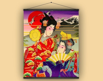 日本、広告、1890 年、壁掛け、プルダウン チャート、芸者、扇子、着物、富士山、コウノトリ、模様、衣装、民族、アンティーク画像