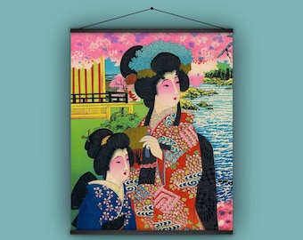 日本、広告、1890 年、壁掛け、プルダウン チャート、芸者、扇子、着物、桜、模様、衣装、民族、アンティーク画像