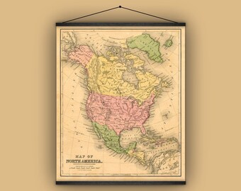 歴史地図、1867 年、壁掛け、プルダウン チャート、北アメリカ、カナダ、メキシコ、太平洋、大西洋、アメリカ合衆国、地図作成、歴史