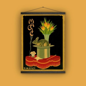Magic, travel label, tulips, rabbit, hat, 1900s, vintage, antique, wall decor, wall hanging, banner, magician