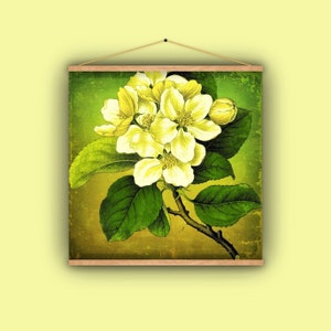 May include: A vintage-style botanical print featuring a cluster of creamy yellow flowers with green leaves and a brown stem. The artwork is mounted on a wooden frame and hangs from a wooden rod with a string.
