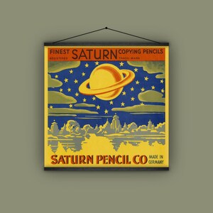 Pencil, label, Saturn, stars, vintage, antique, wall hanging, banner, night, sky