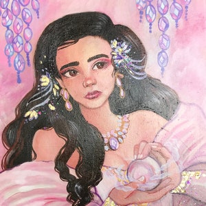 May include: A painting of a woman with long dark hair wearing a pink dress and holding a pearl. She is adorned with flowers and jewels. The background is a soft pink with purple and blue accents.