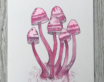 Bleeding Fairy Helmet Mushrooms Original Watercolor Painting