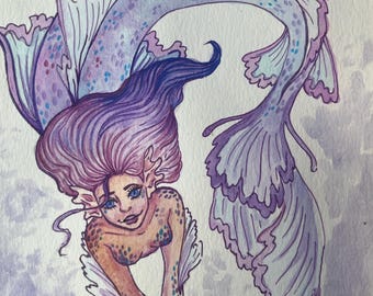 Purple Mermaid  ORIGINAL watercolor illustration