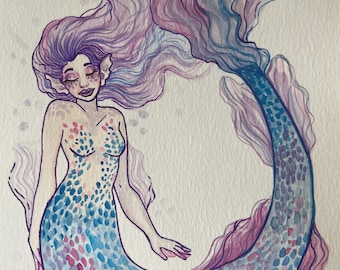 Blue and Pink Mermaid  ORIGINAL watercolor illustration