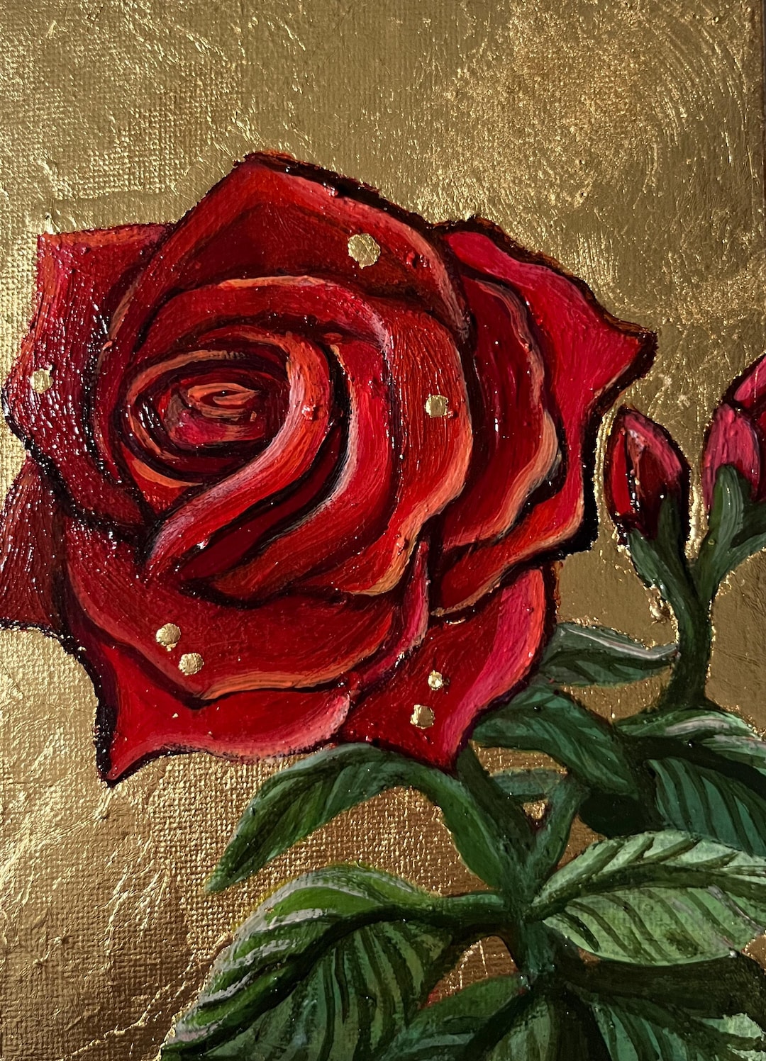 Metallic Roses Painting Red Rose on Metal Leaf ORIGINAL Oil Painting on Canvas Panel - Etsy