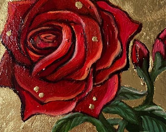 Red Rose on Metal leaf ORIGINAL oil painting on canvas panel
