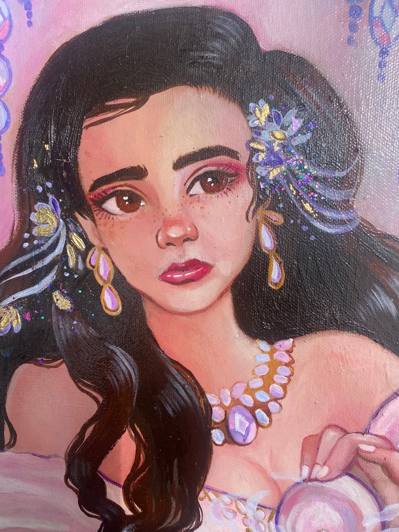May include: A painting of a woman with long dark hair, wearing a white dress with a gold and purple necklace. She has a flower in her hair and is holding a small, round object.