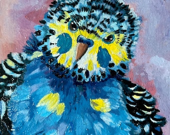 Blue and Yellow Budgie ORIGINAL oil painting on canvas panel