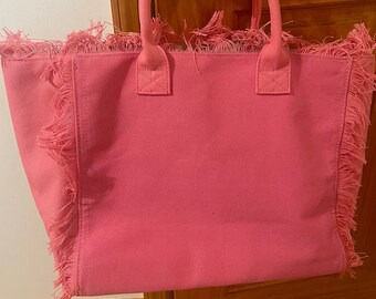 Large pink canvas fringe handbag