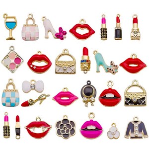 May include: A set of 24 gold-toned charms featuring various fashion and beauty-themed designs. The charms include lips, purses, shoes, lipstick, and a wine glass. The charms are perfect for adding a touch of glamour to jewelry, keychains, or other crafts.