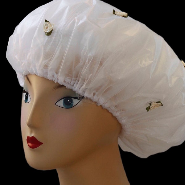 Designer Shower Cap, with very small beige roses. We love this shower cap.